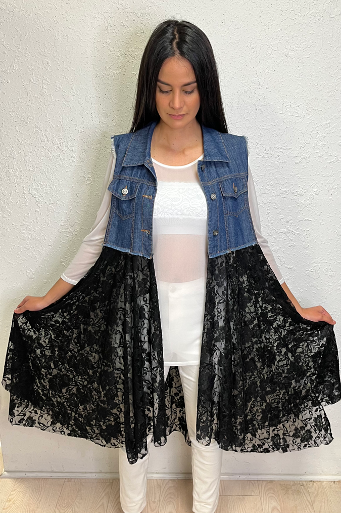 Jean Vest with Black Lace Bottom