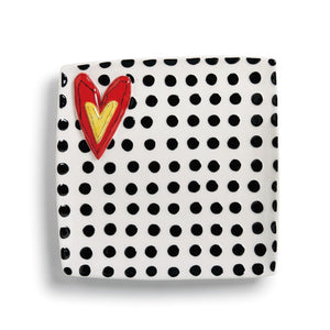 White Square Plate with Black Dots and a Red and Yellow Heart