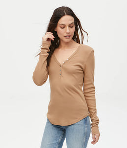 Michael Stars Tan V-Neck Long Sleeve Tee with Buttons