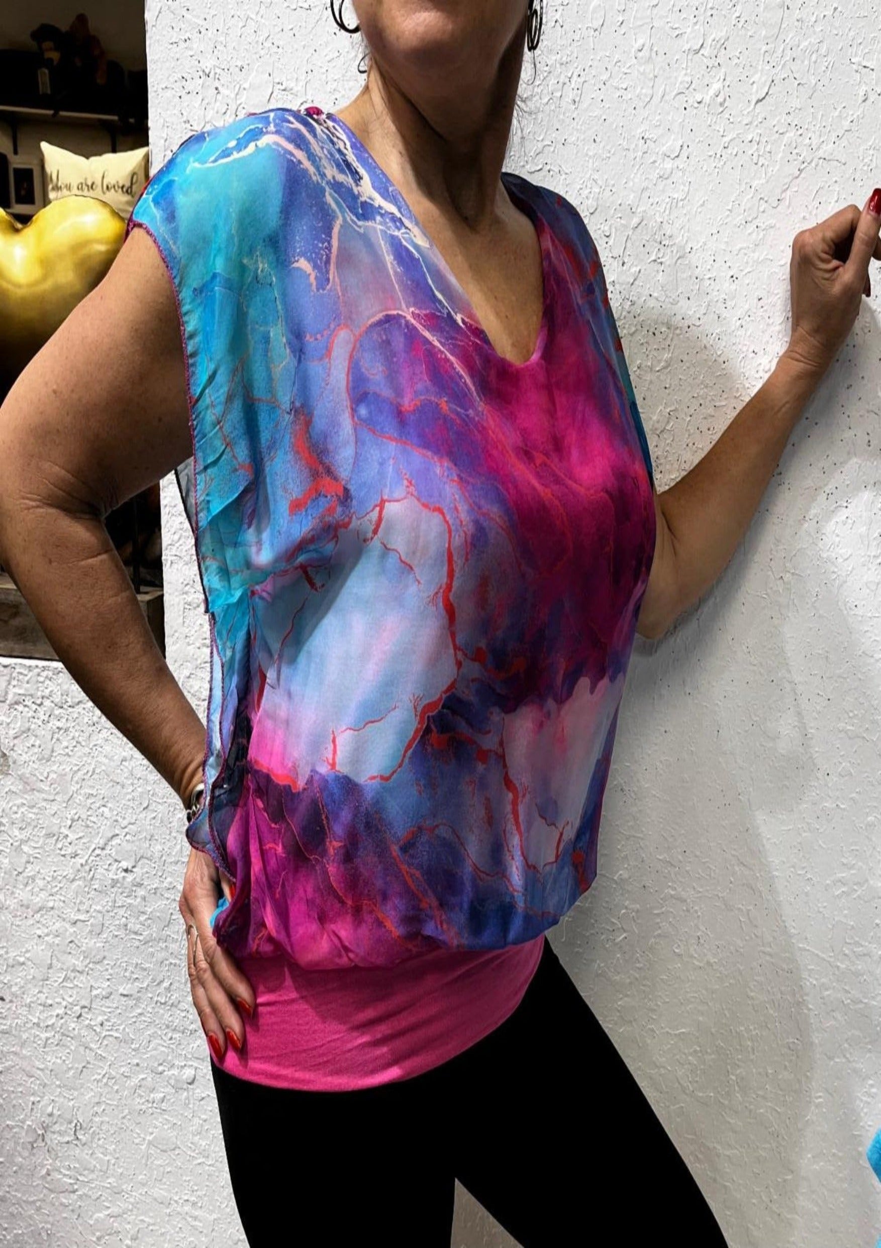 Pink and Blue Washable Silk Blouse