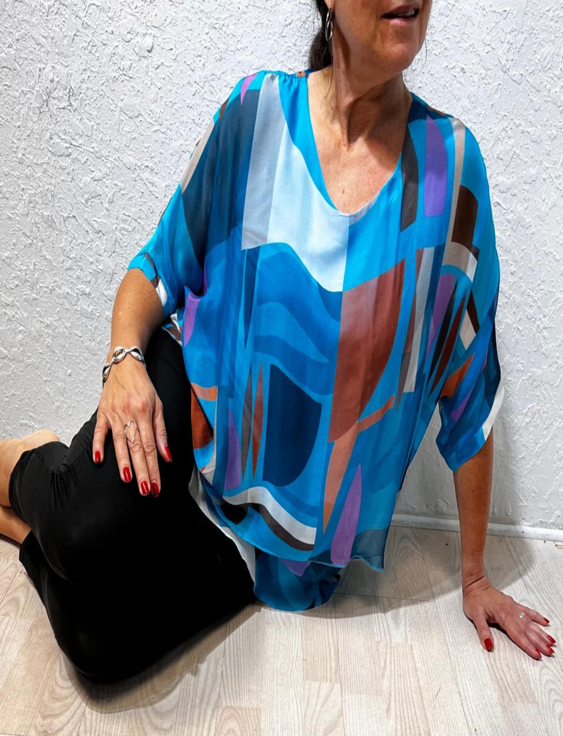 Shapes in Blue Washable Silk Blouse